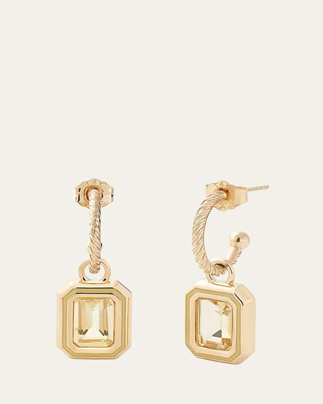 14K Yellow Gold Rectangle Bezel Yellow Citrine Huggie Drop Earrings